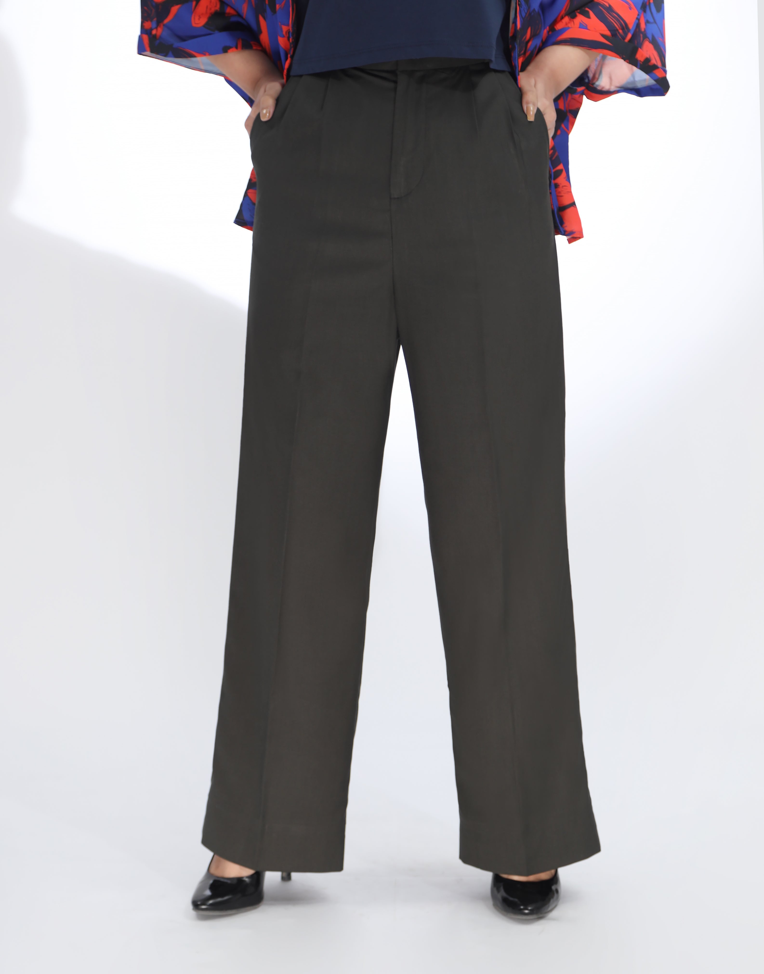 Double Pleated Wide Leg Checked Navy Blue Pant