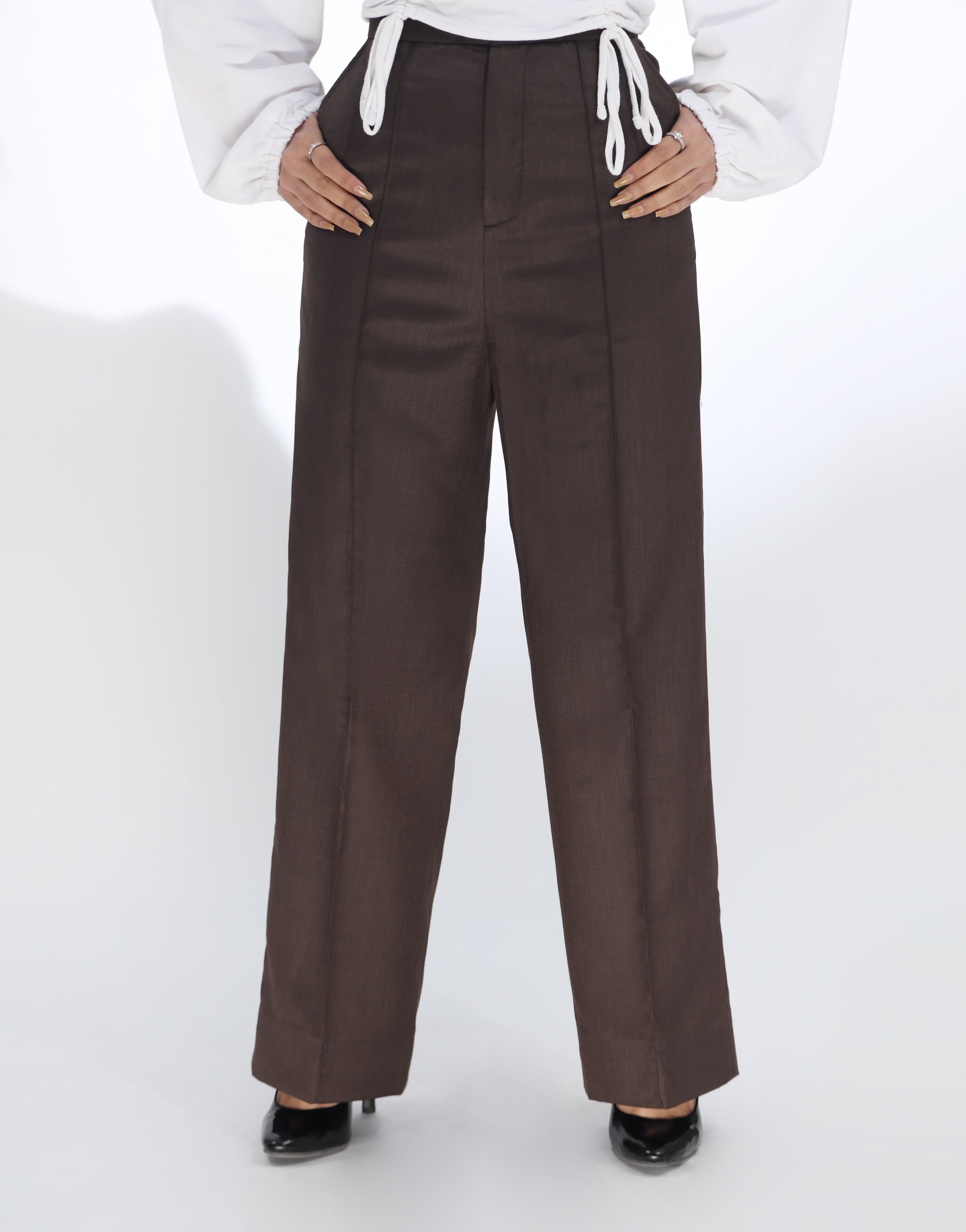 Pintex Pleated Wide Leg Pleated Pant Chocolate Brown