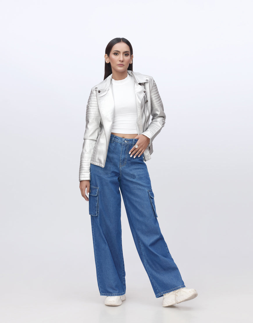 High Rise Wide Leg Cargo Jeans Stone Blue