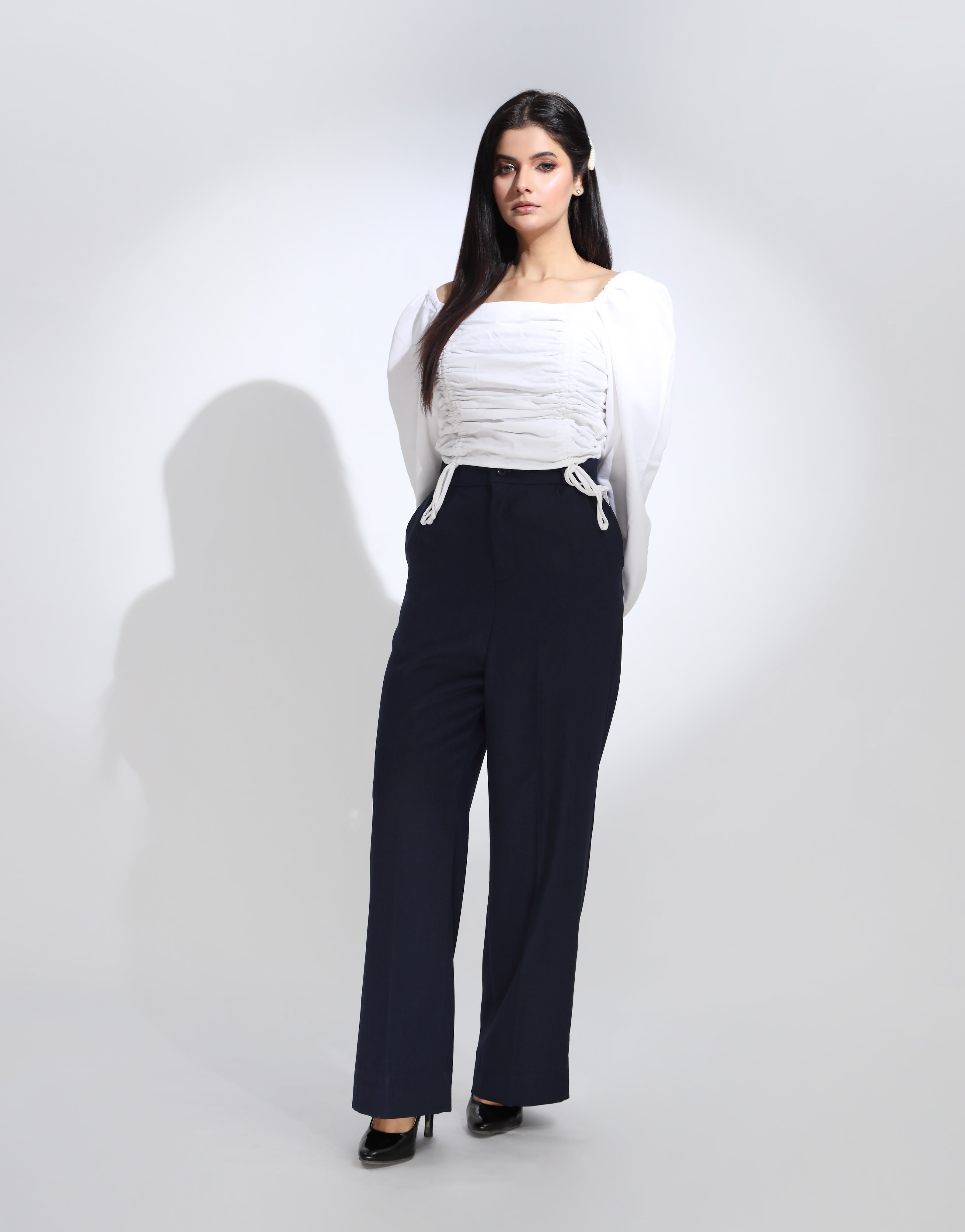 Double Pleated Wide Leg Pants Navy Blue