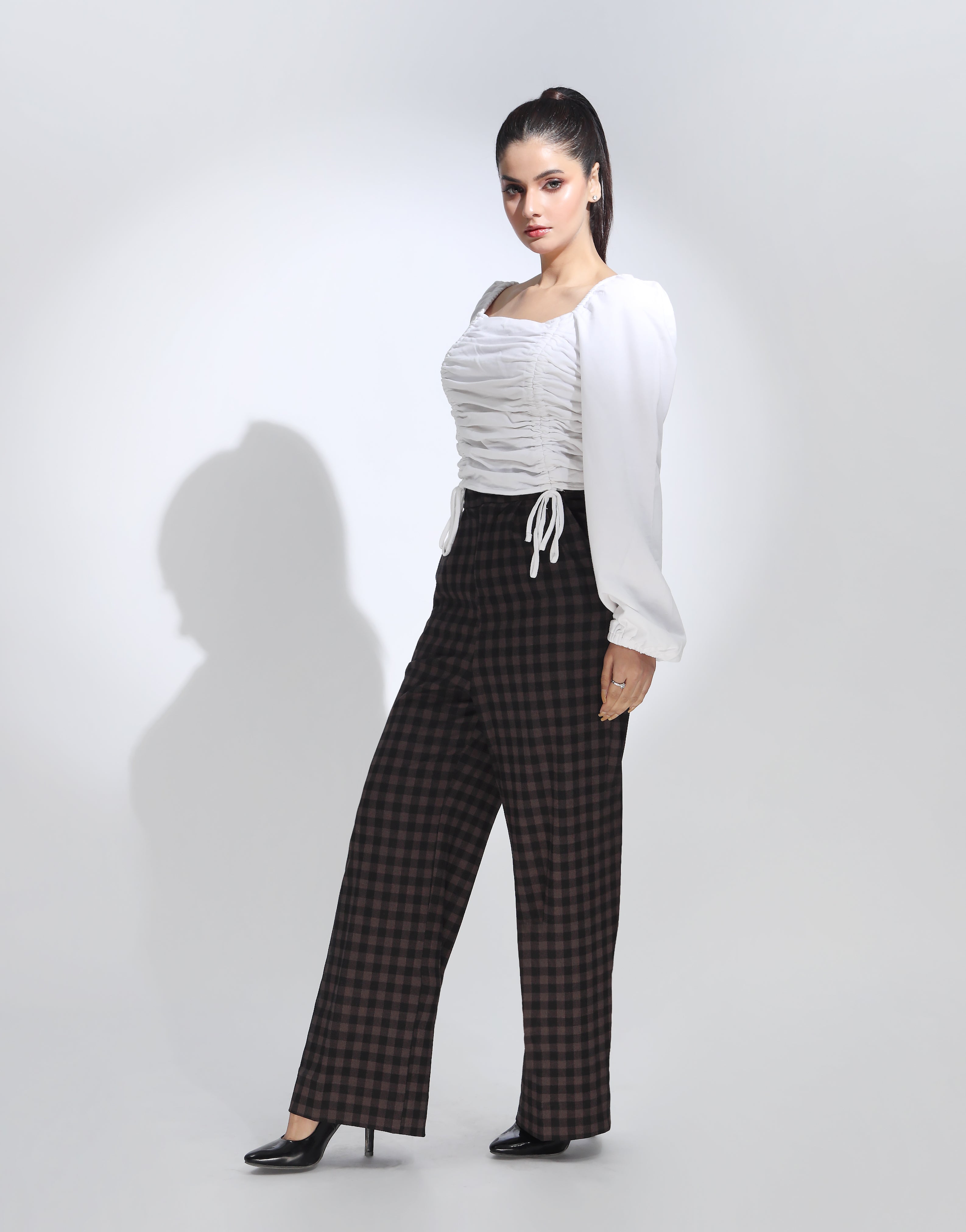 Double Pleated Wide Leg Checked Brown Pant