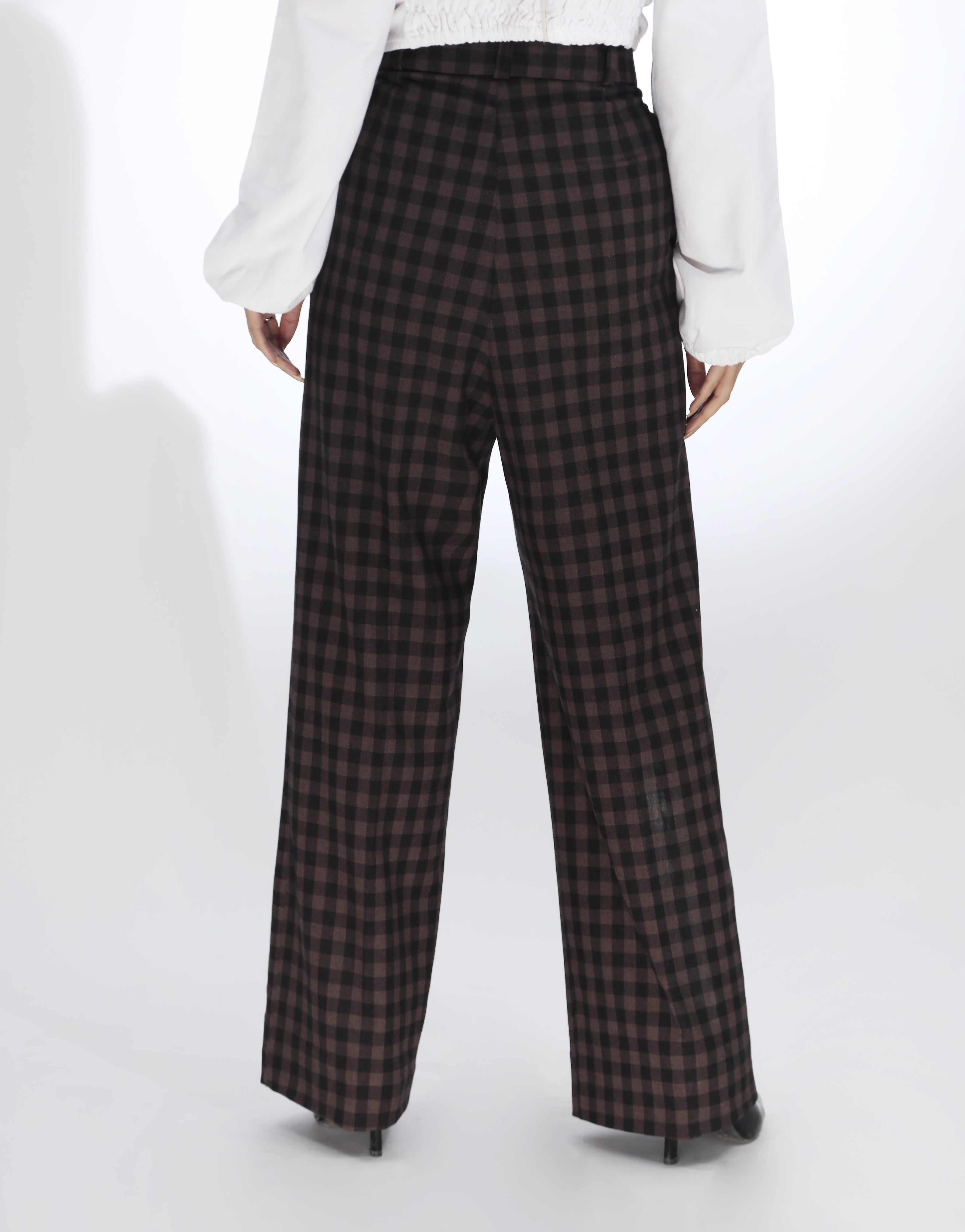 Double Pleated Wide Leg Checked Brown Pant