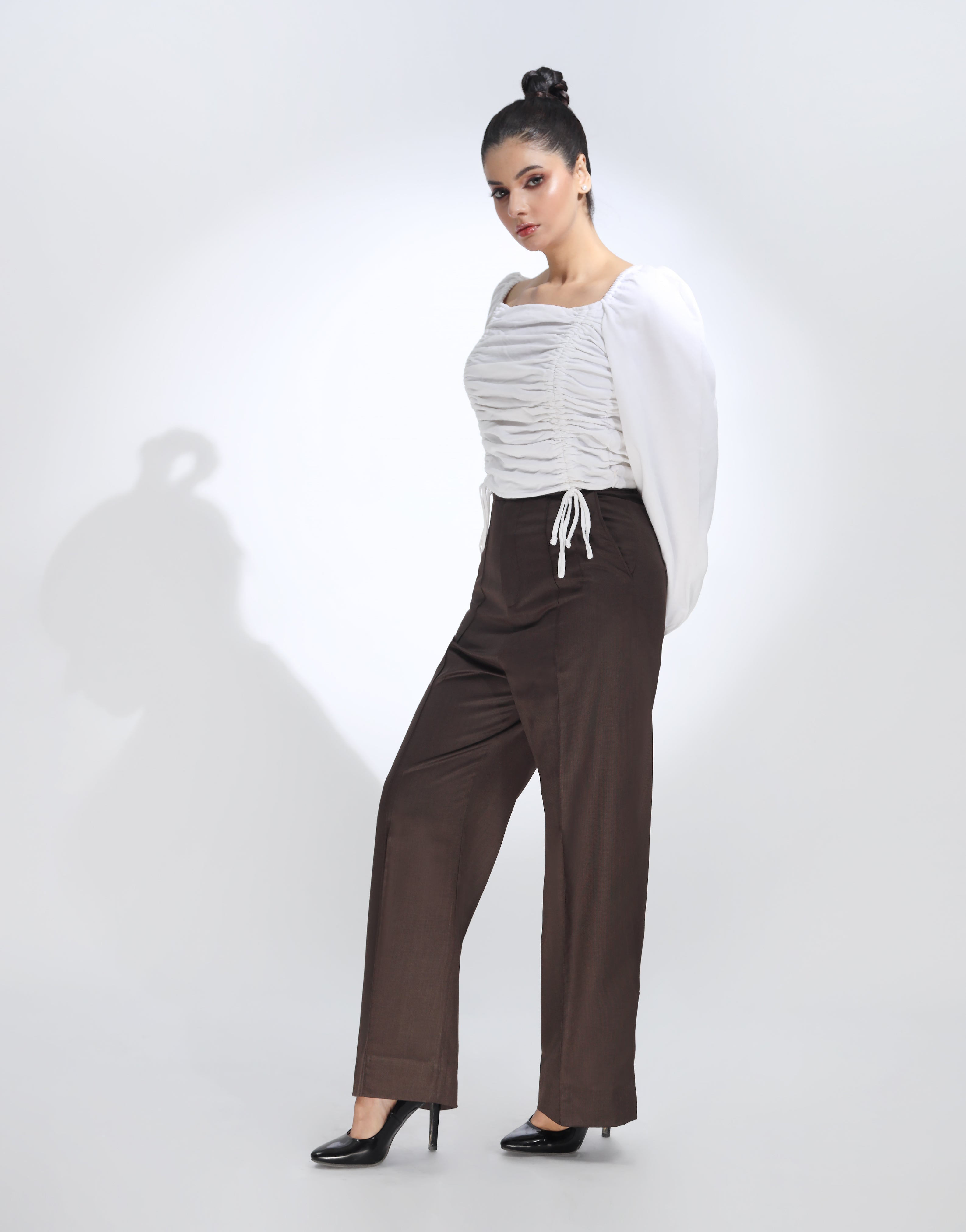 Pintex Pleated Wide Leg Pleated Pant Chocolate Brown