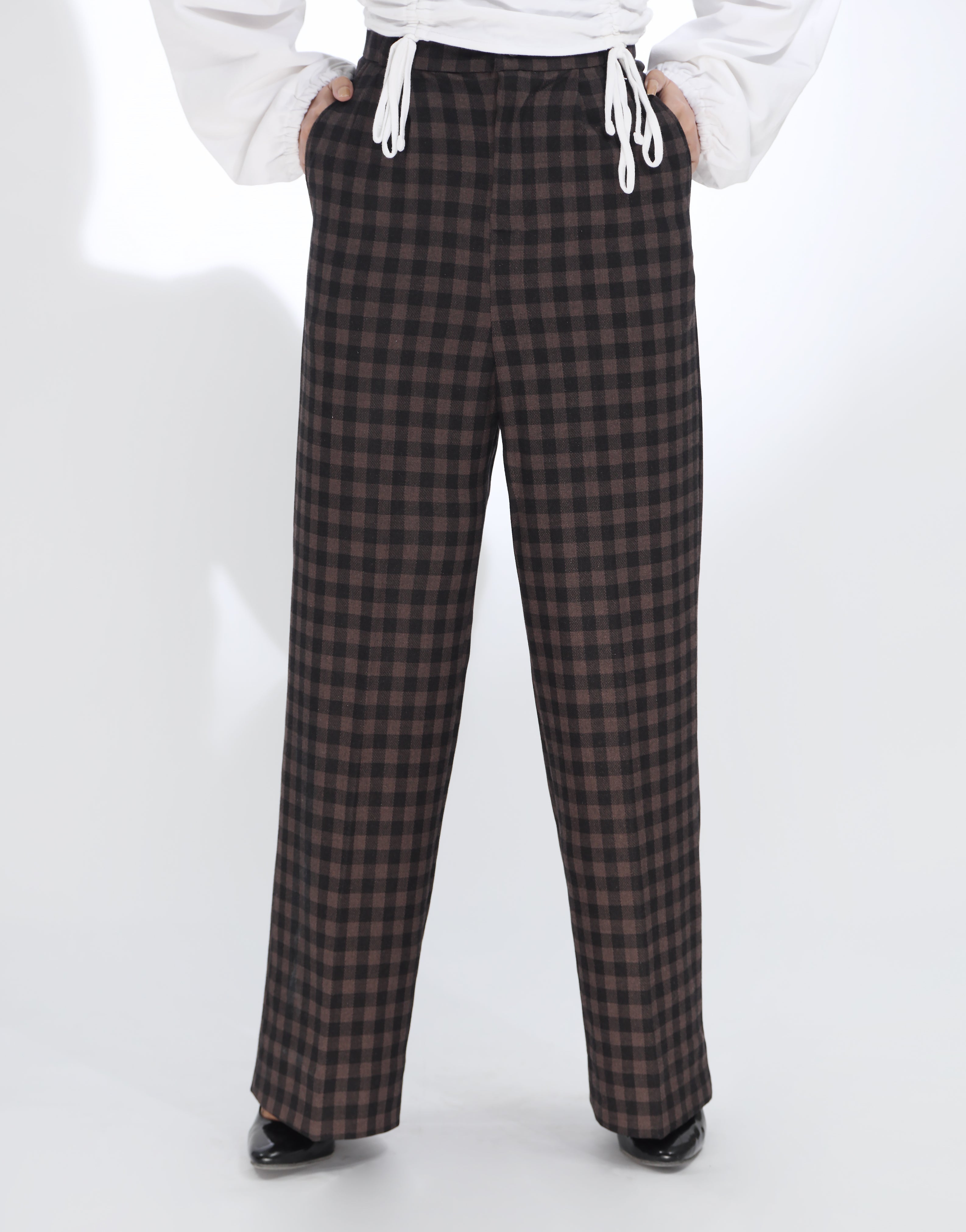 Double Pleated Wide Leg Checked Brown Pant