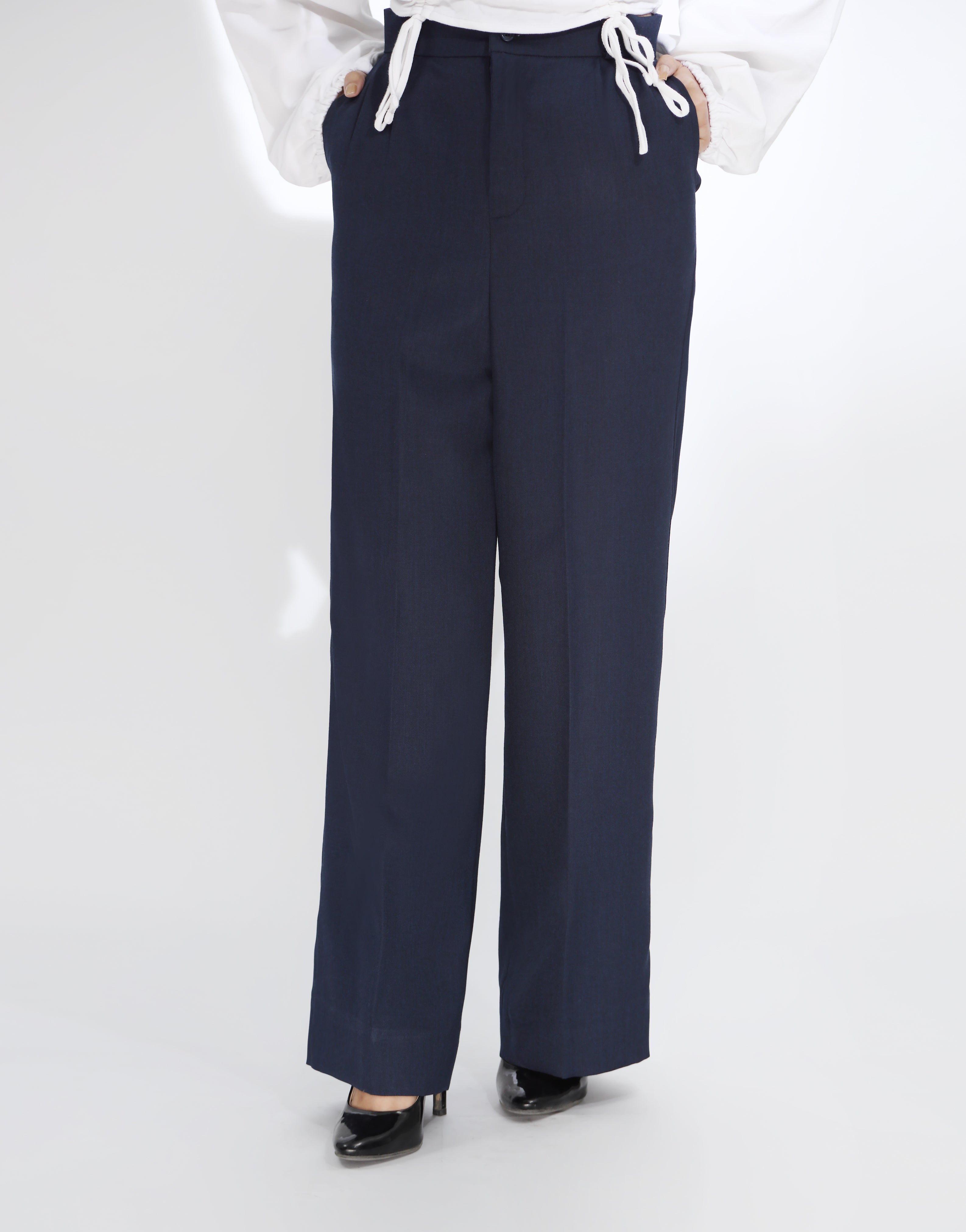 Double Pleated Wide Leg Pants Navy Blue