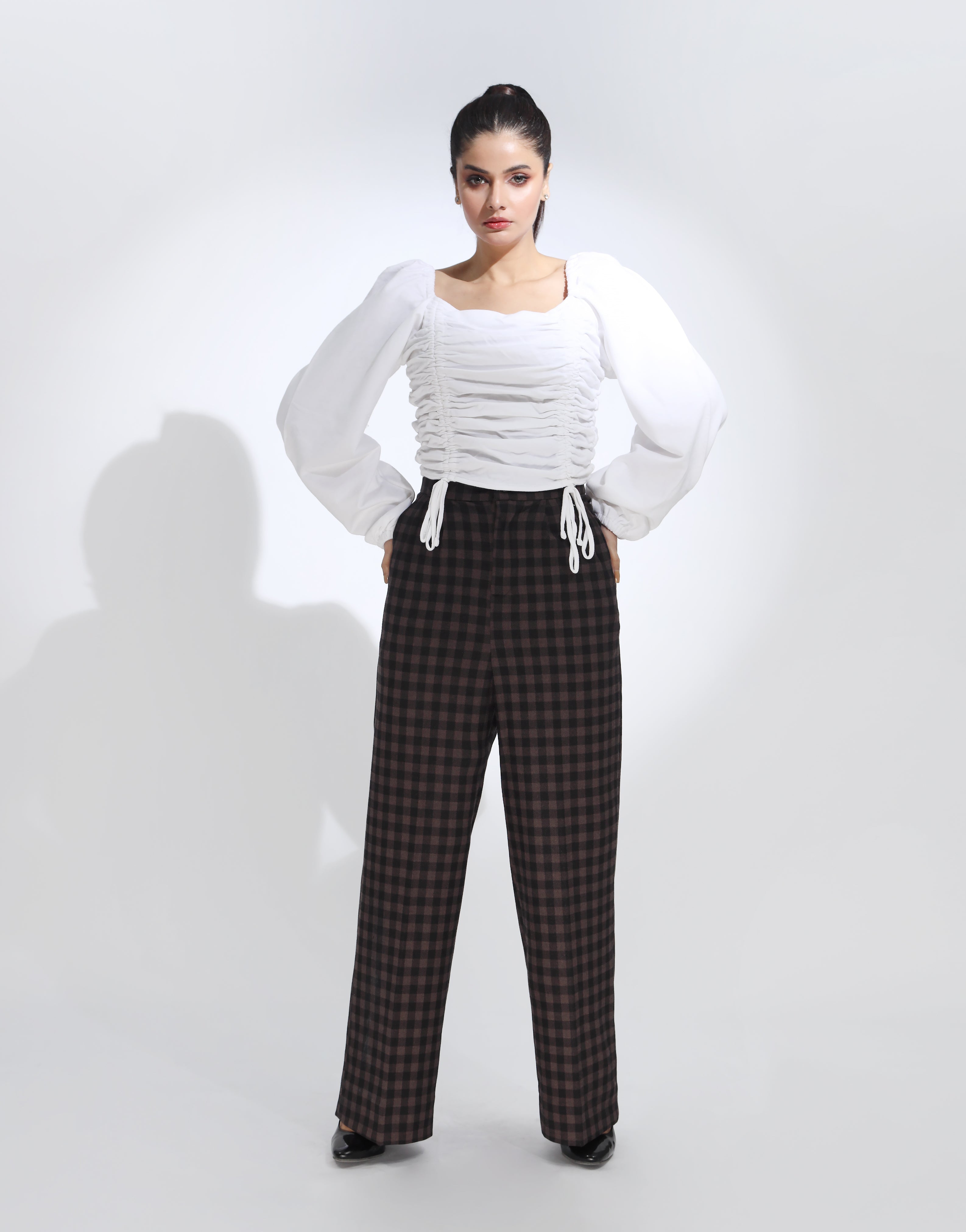 Double Pleated Wide Leg Checked Brown Pant