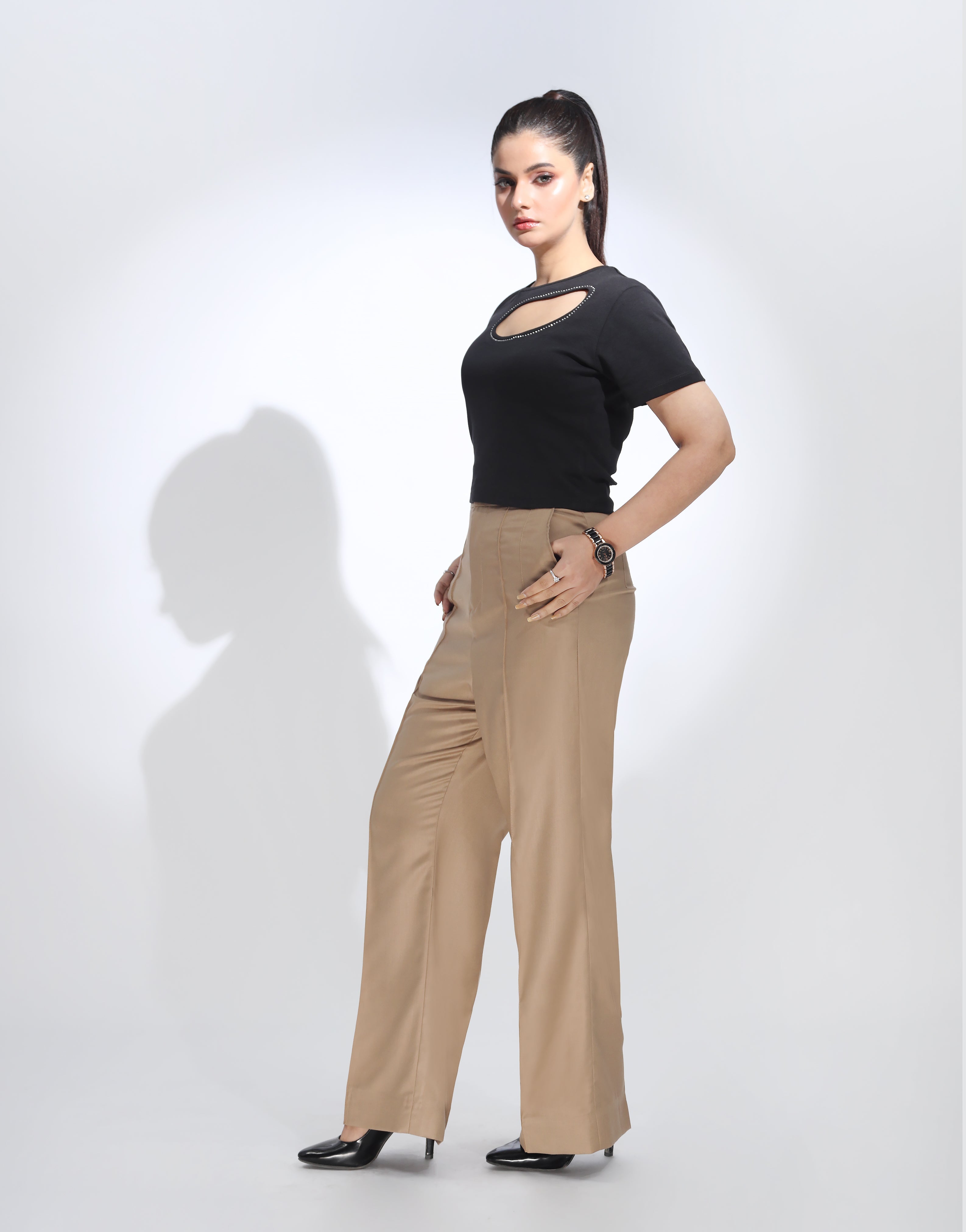 Pintex Pleated Wide Leg Formal Pant Beige