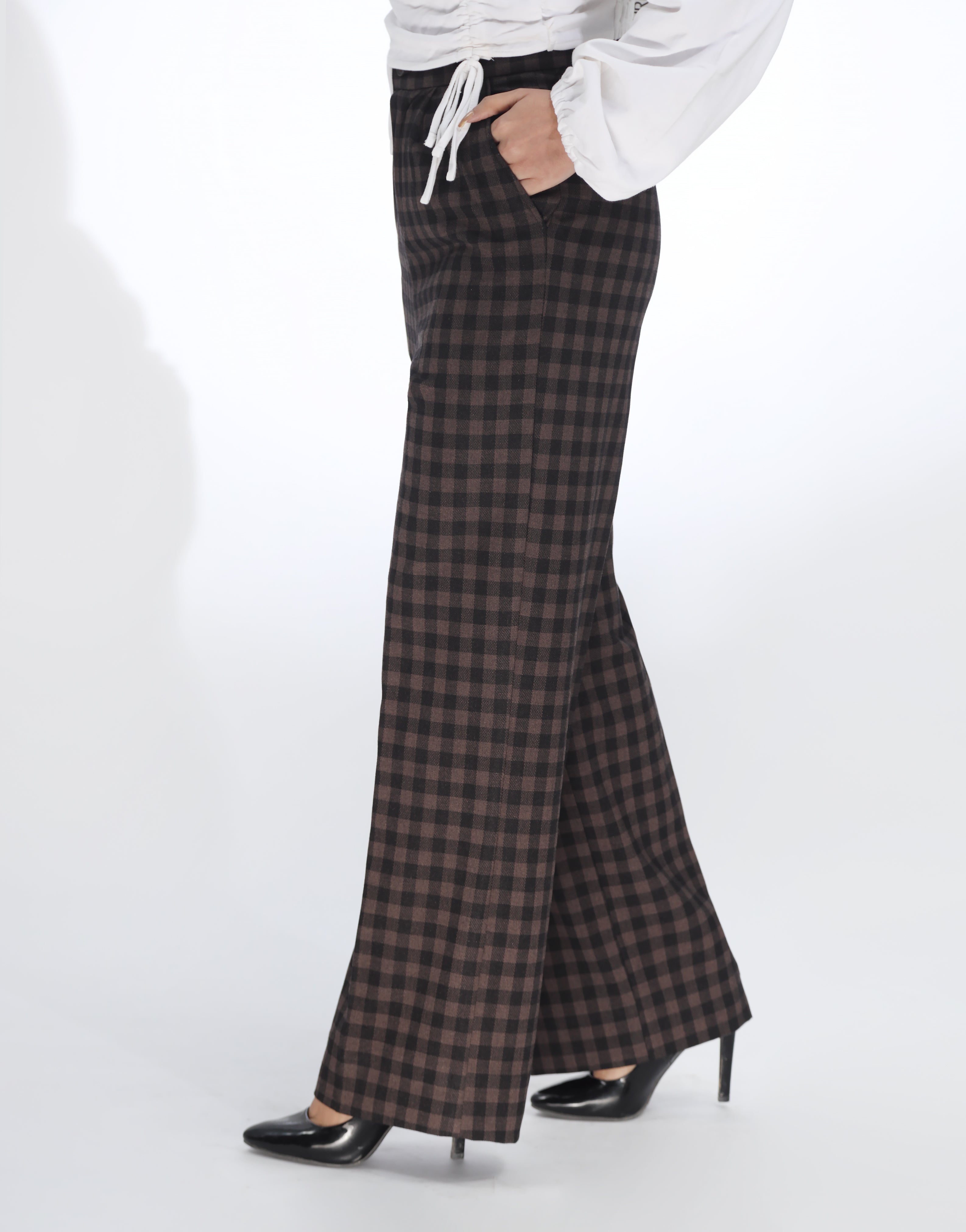 Double Pleated Wide Leg Checked Brown Pant