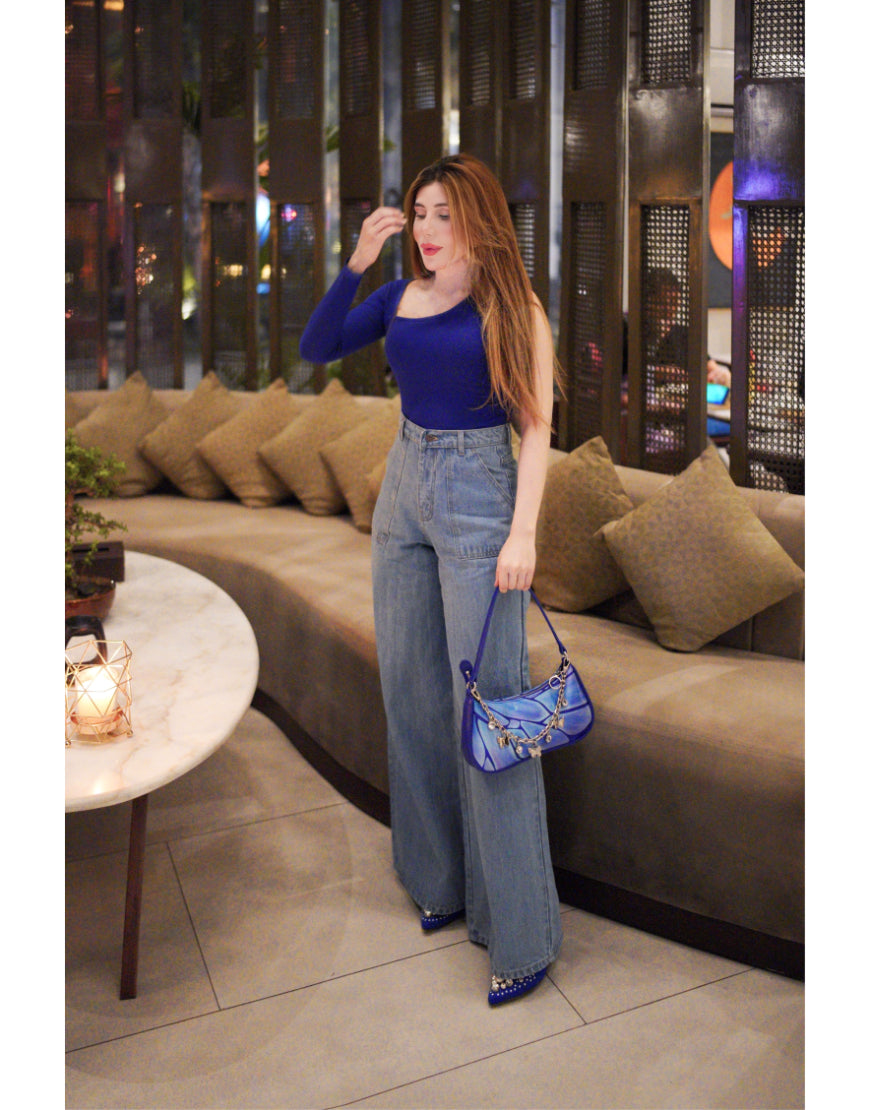 Wide Leg Flap Pocket Jeans Stone Blue