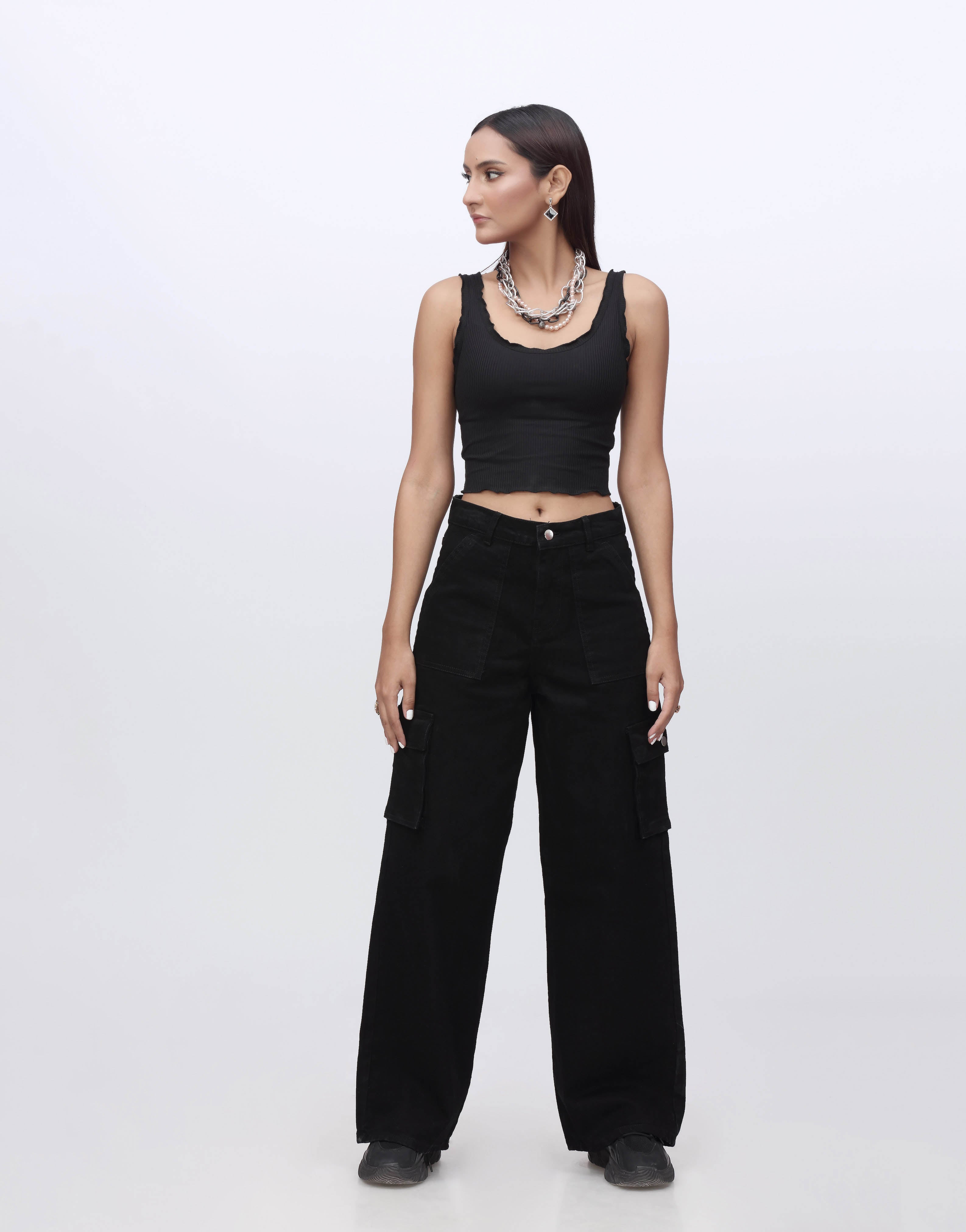 Wide Leg Flap Pocket Cargo Jeans Jet Black