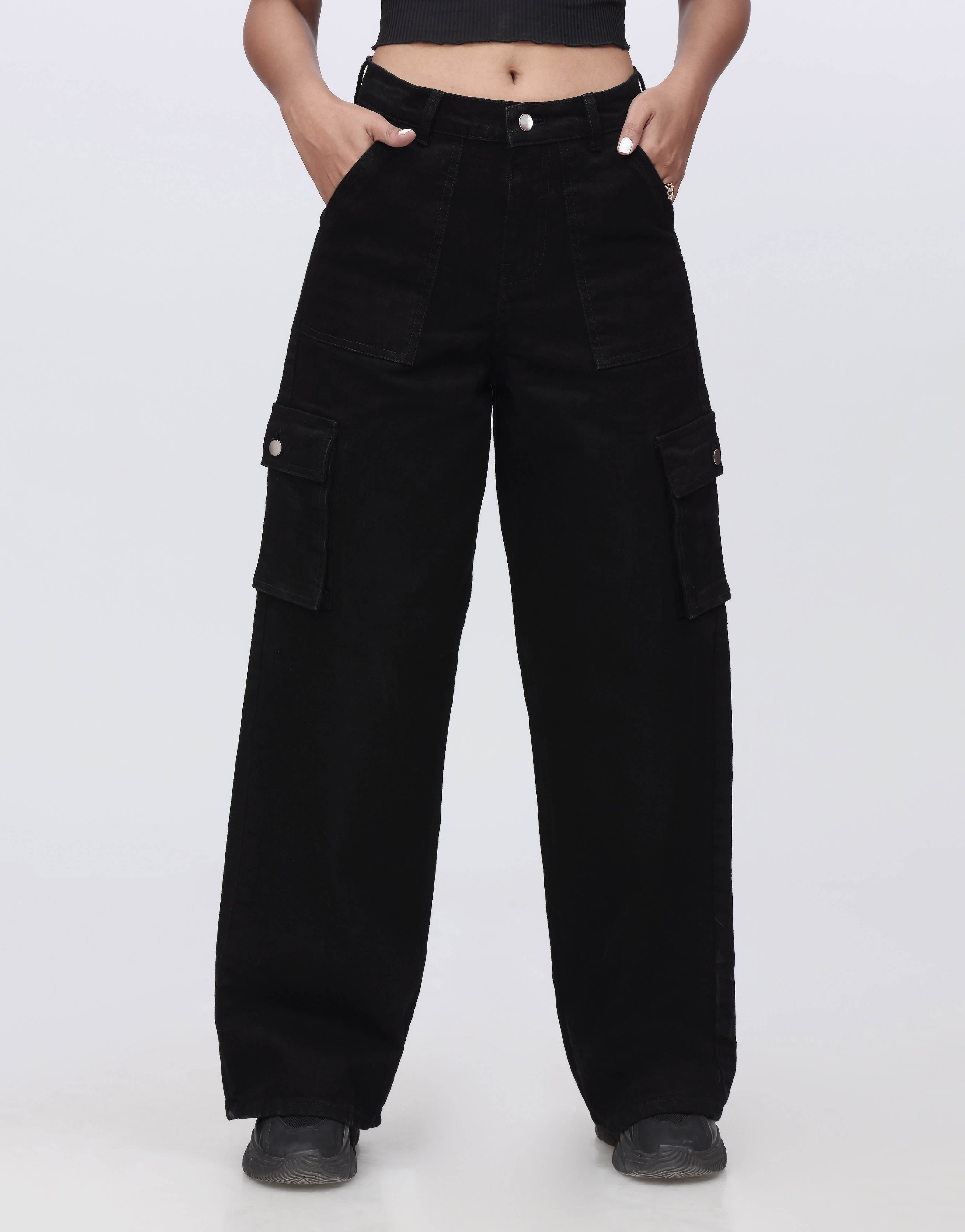 Wide Leg Flap Pocket Cargo Jeans Jet Black