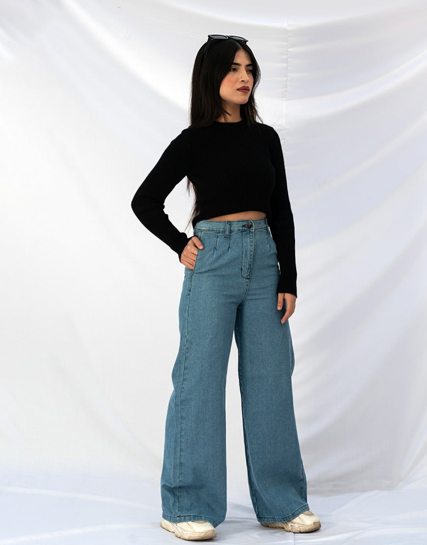 Wide Leg Pleated Jeans Stone Wash