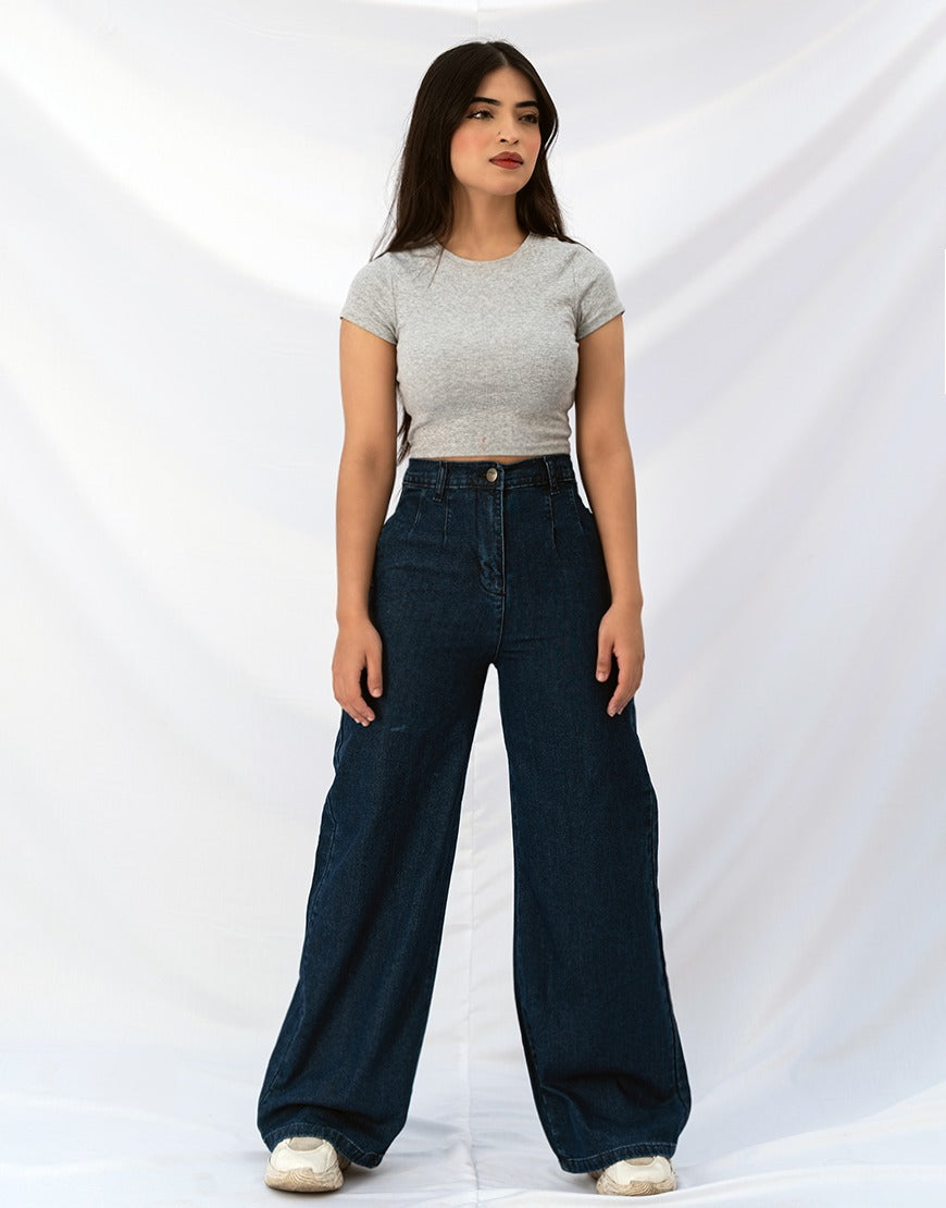 Wide Leg Pleated Jeans Dark Wash