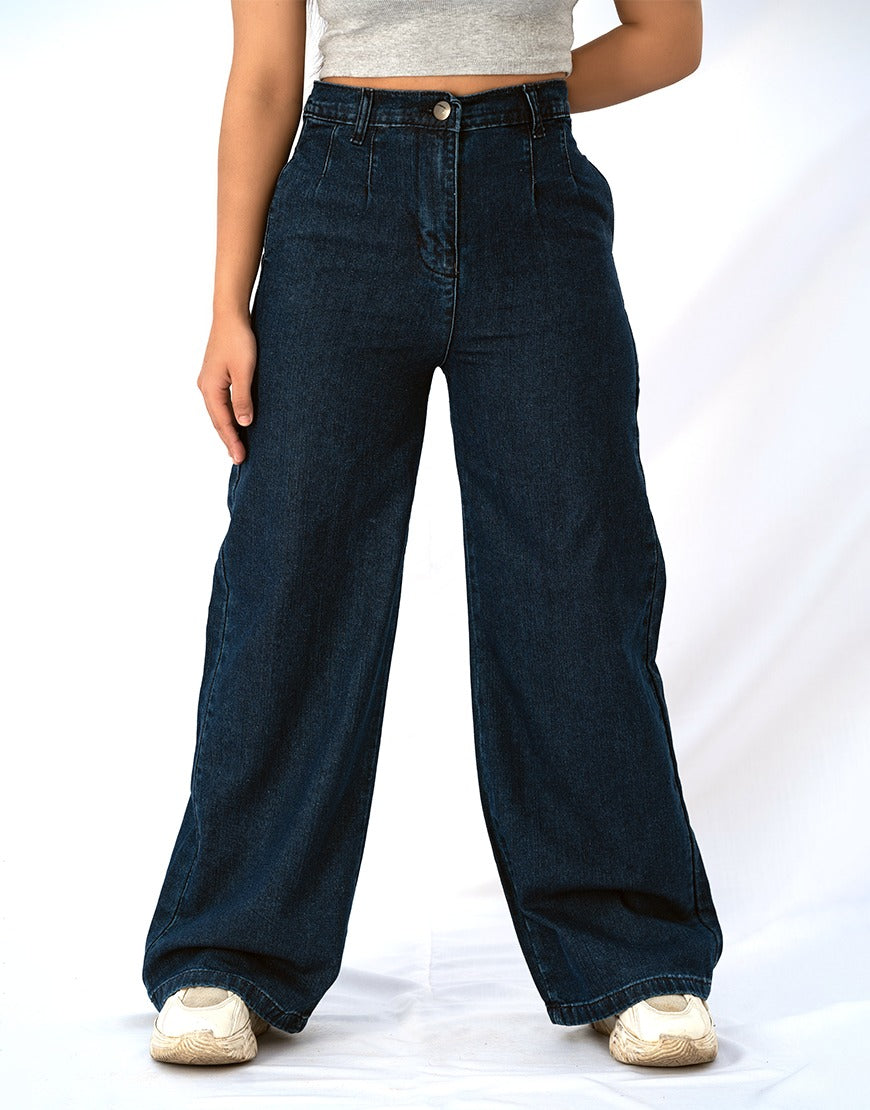 Wide Leg Pleated Jeans Dark Wash