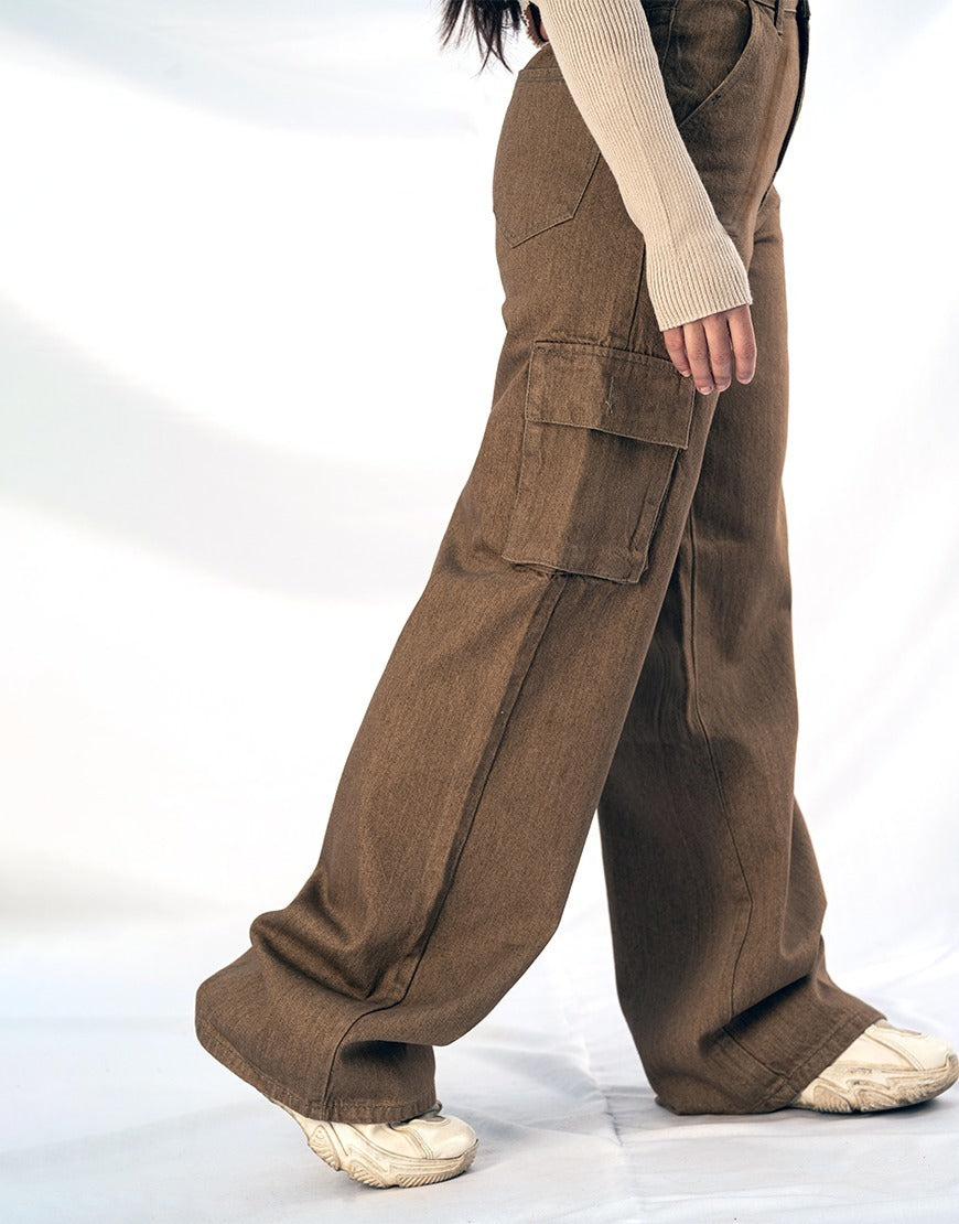 High Rise Wide Leg Cargo Flap Pocket Jeans Brown