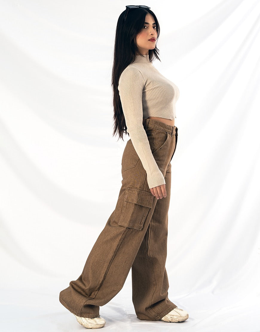 High Rise Wide Leg Cargo Flap Pocket Jeans Brown