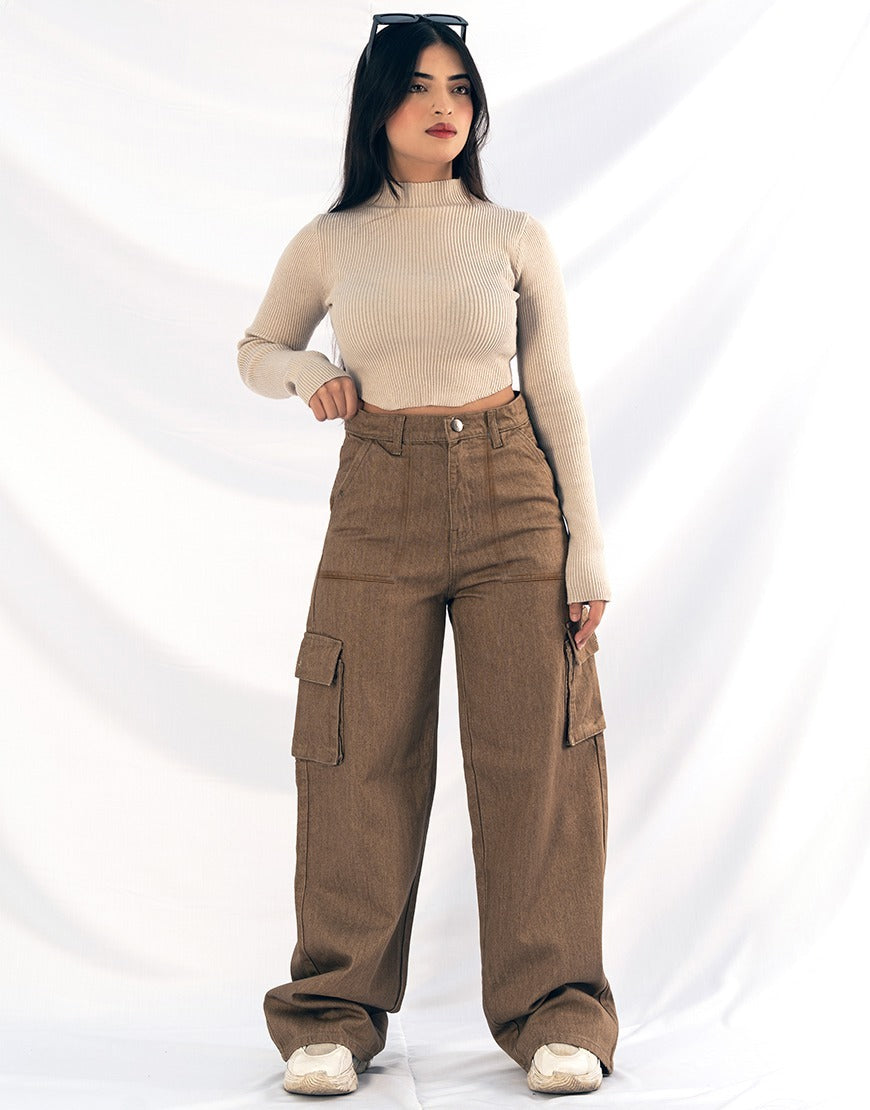 High Rise Wide Leg Cargo Flap Pocket Jeans Brown