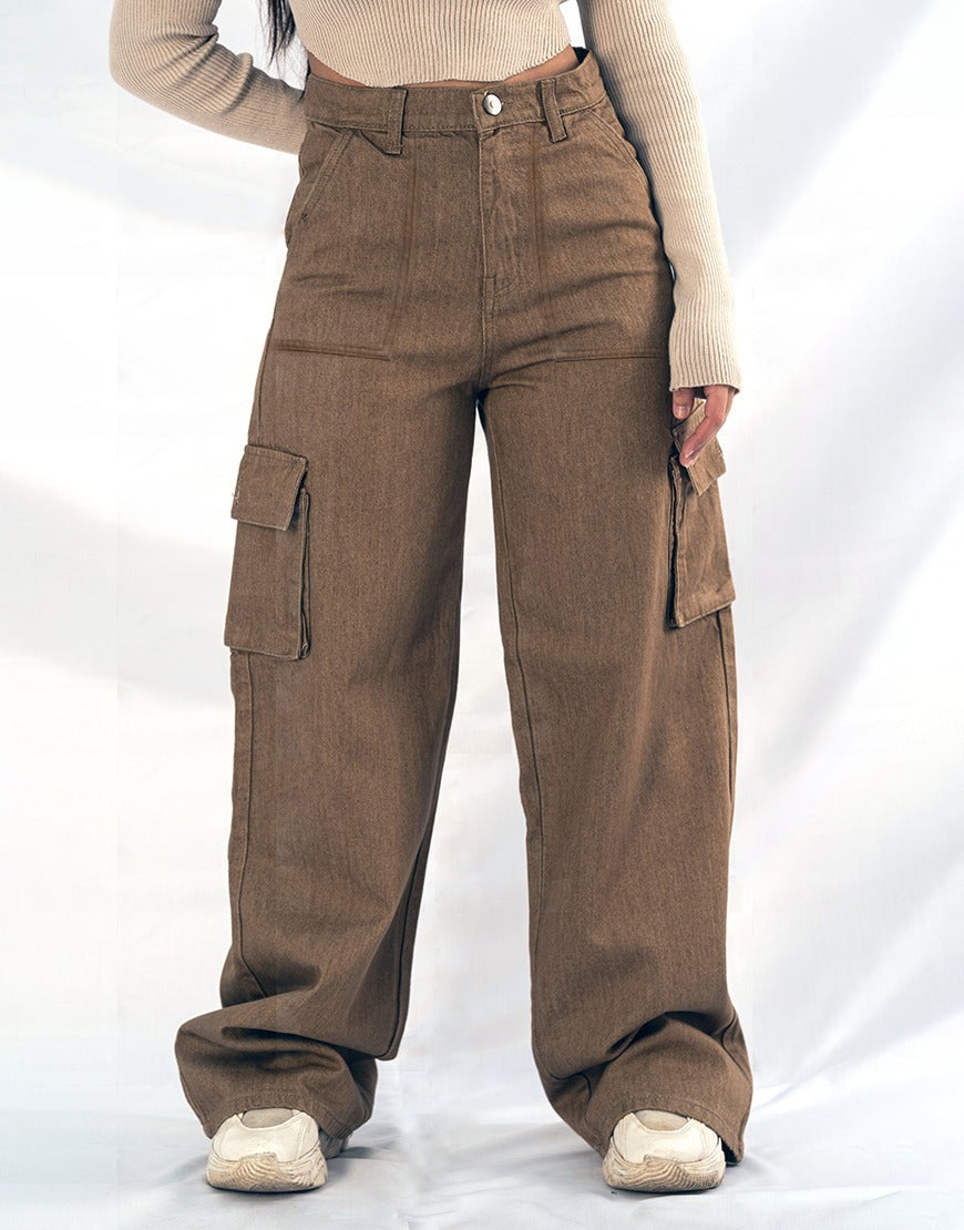 High Rise Wide Leg Cargo Flap Pocket Jeans Brown