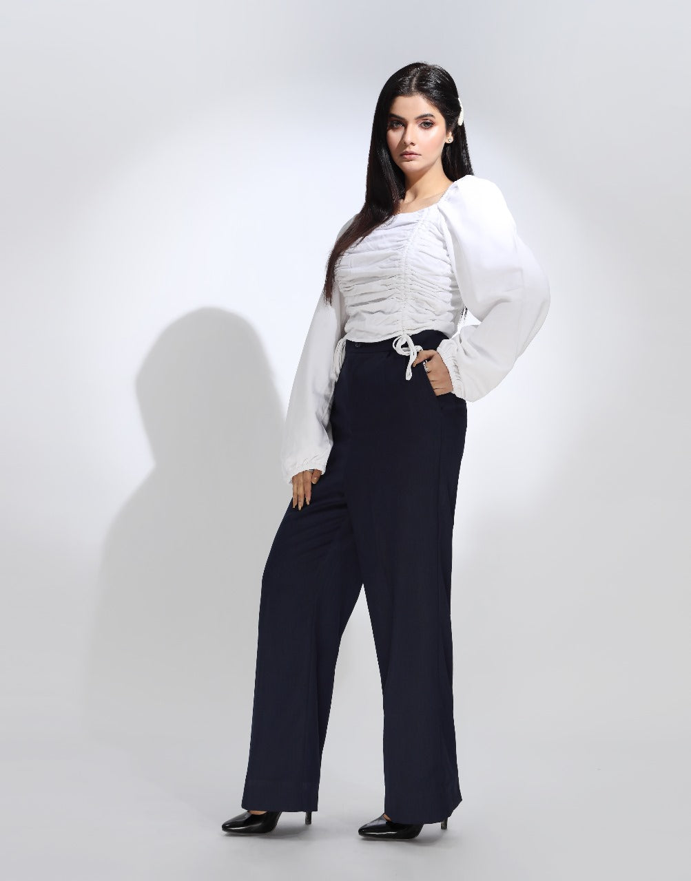 Double Pleated Wide Leg Pants Navy Blue