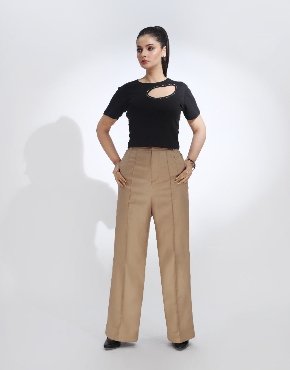 Pintex Pleated Wide Leg Formal Pant Beige