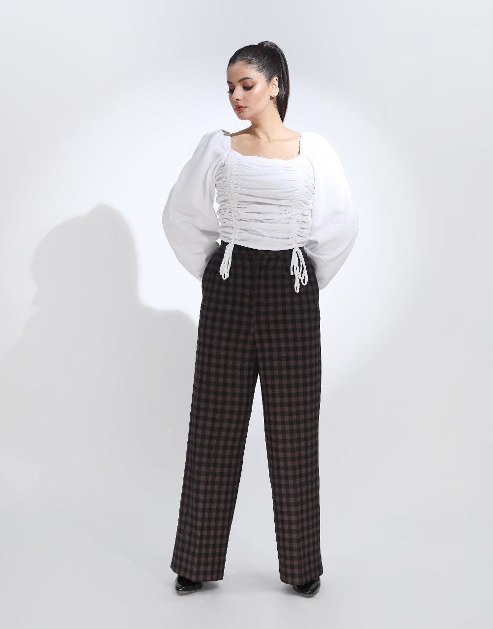 Double Pleated Wide Leg Checked Brown Pant