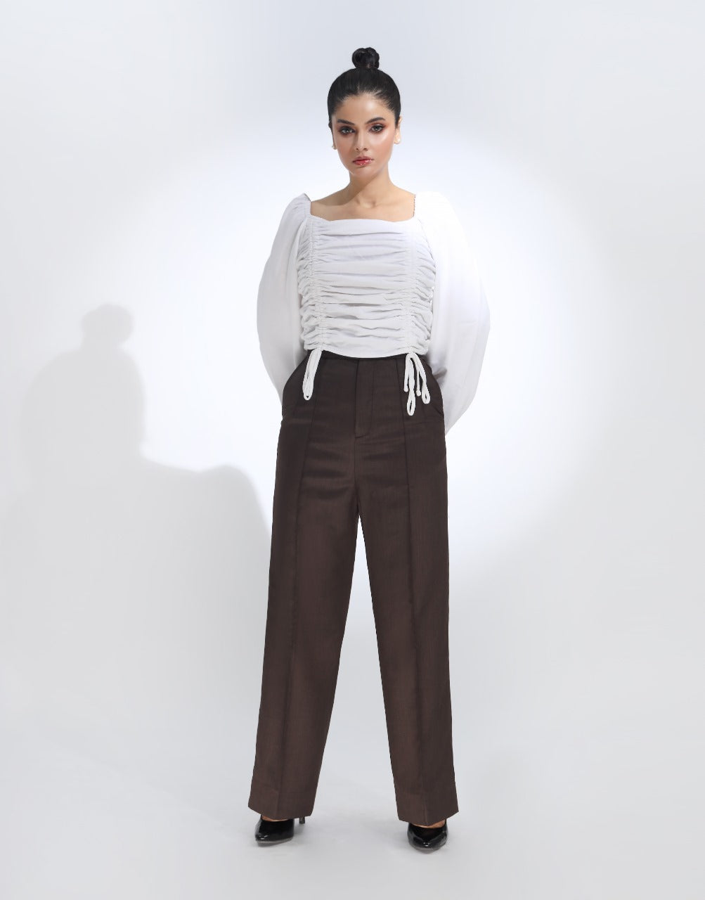 Pintex Pleated Wide Leg Pleated Pant Chocolate Brown