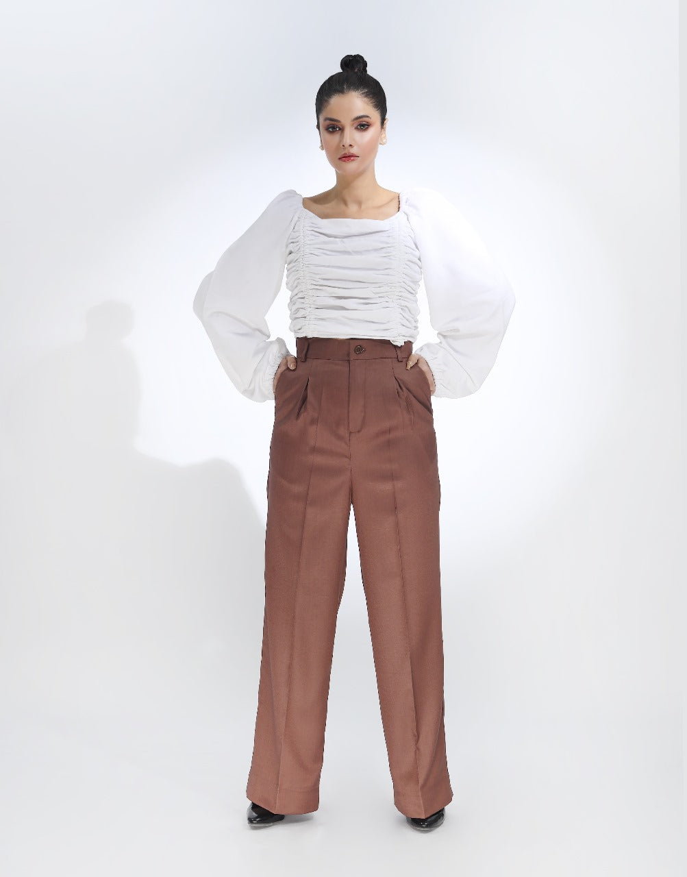 Box Pleated Wide Leg Pant Brown