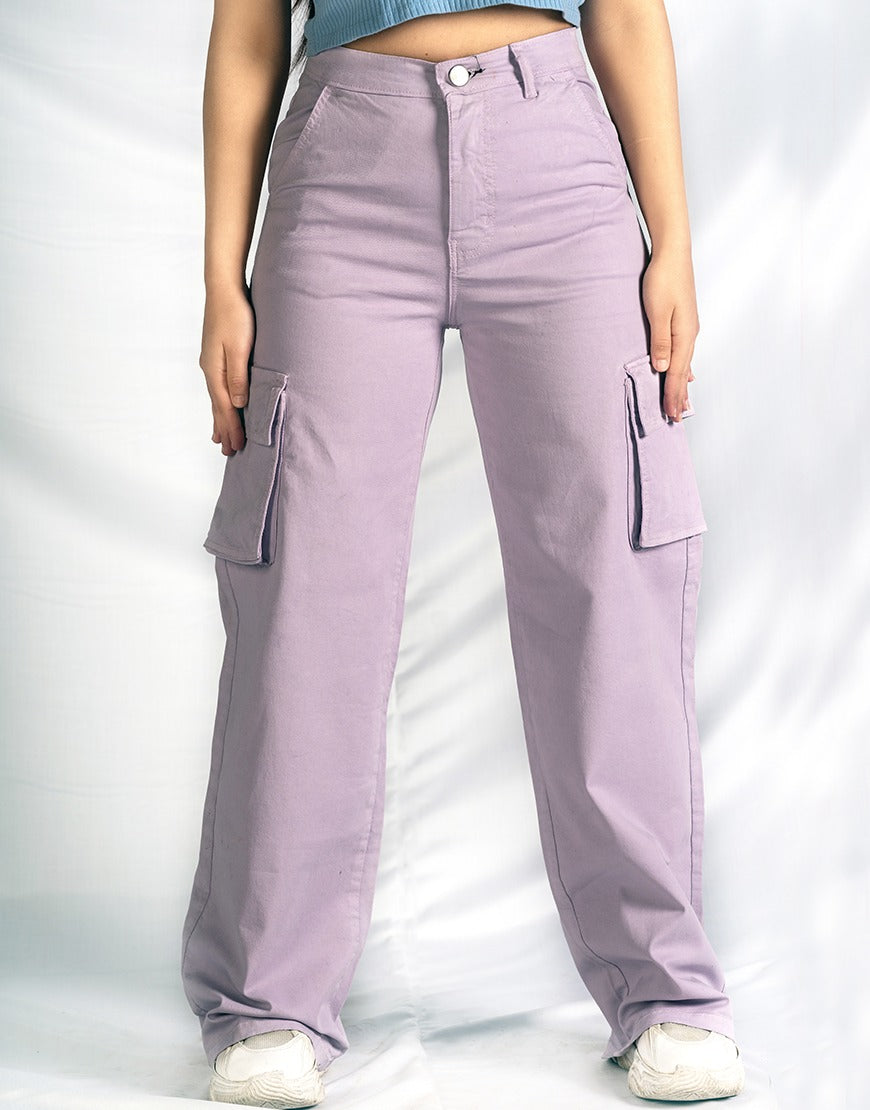 High Rise Wide Leg Cargo Jeans Lilac