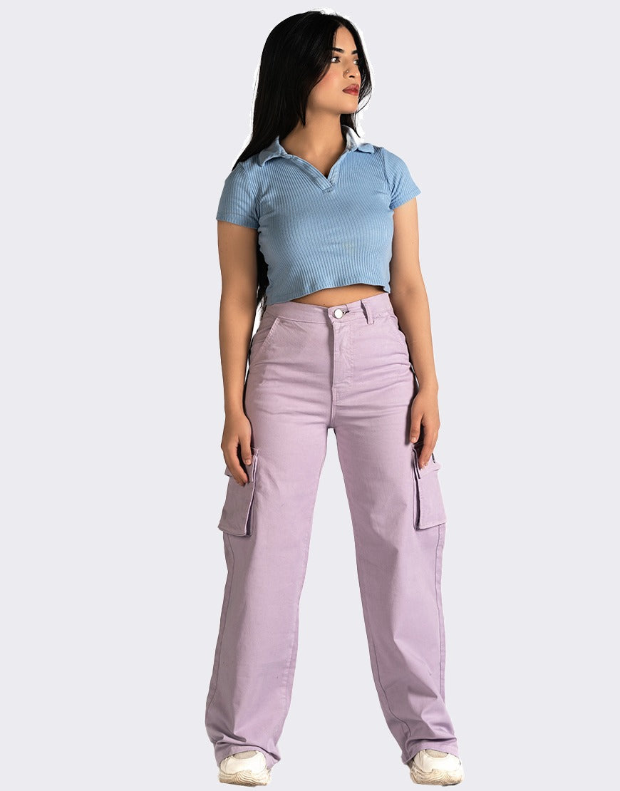 High Rise Wide Leg Cargo Jeans Lilac